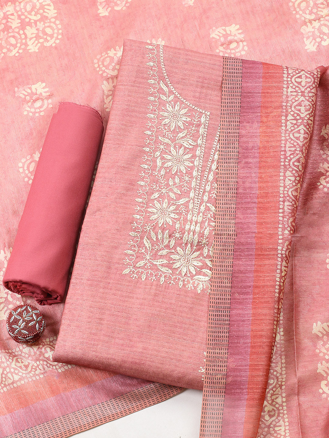 Embroidered Chanderi Unstitched Suit With Pant &amp; Dupatta