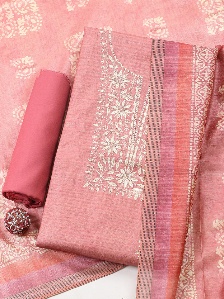 Embroidered Chanderi Unstitched Suit With Pant &amp; Dupatta