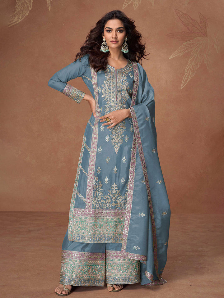 Embroidered Simar Silk Kurta With Plazzo &amp; Dupatta