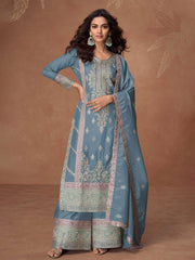 Embroidered Simar Silk Kurta With Plazzo & Dupatta