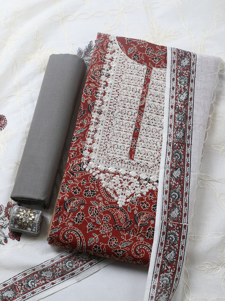 Printed Cotton Blend Unstitched Suit With Pant &amp; Dupatta