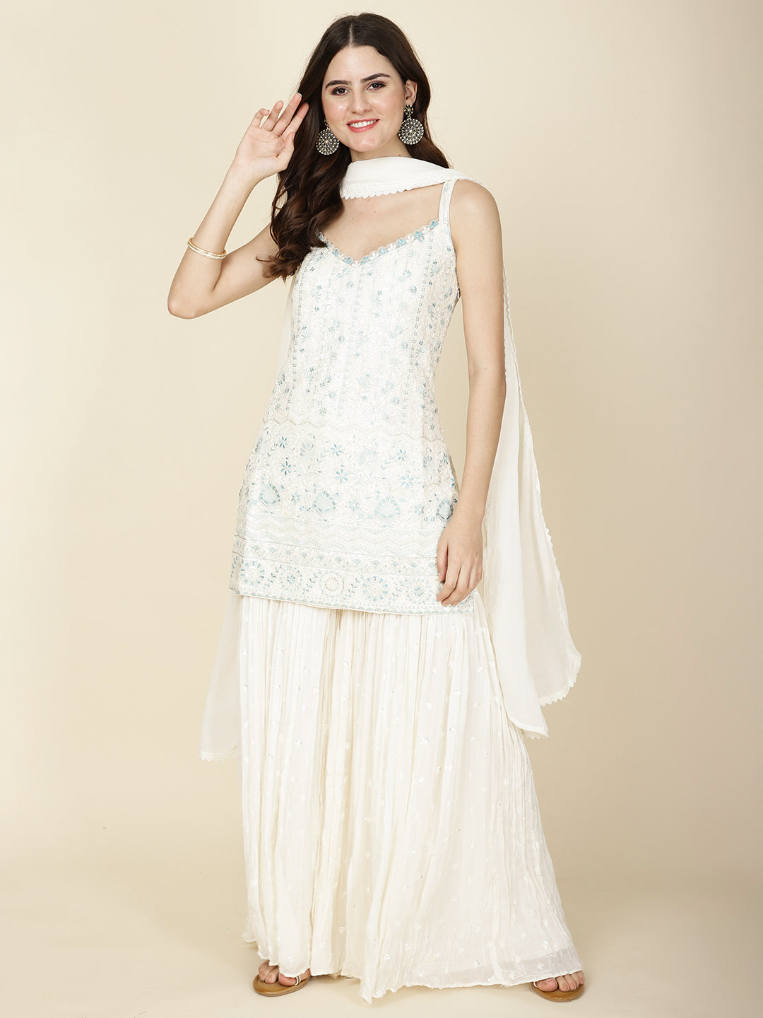 Resham Sequin Embroidered Georgette Kurta With Garara & Dupatta