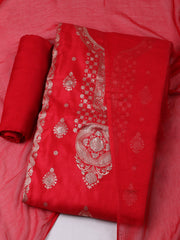 Woven Design Chanderi Red Unstitched Suit With Pant & Dupatta