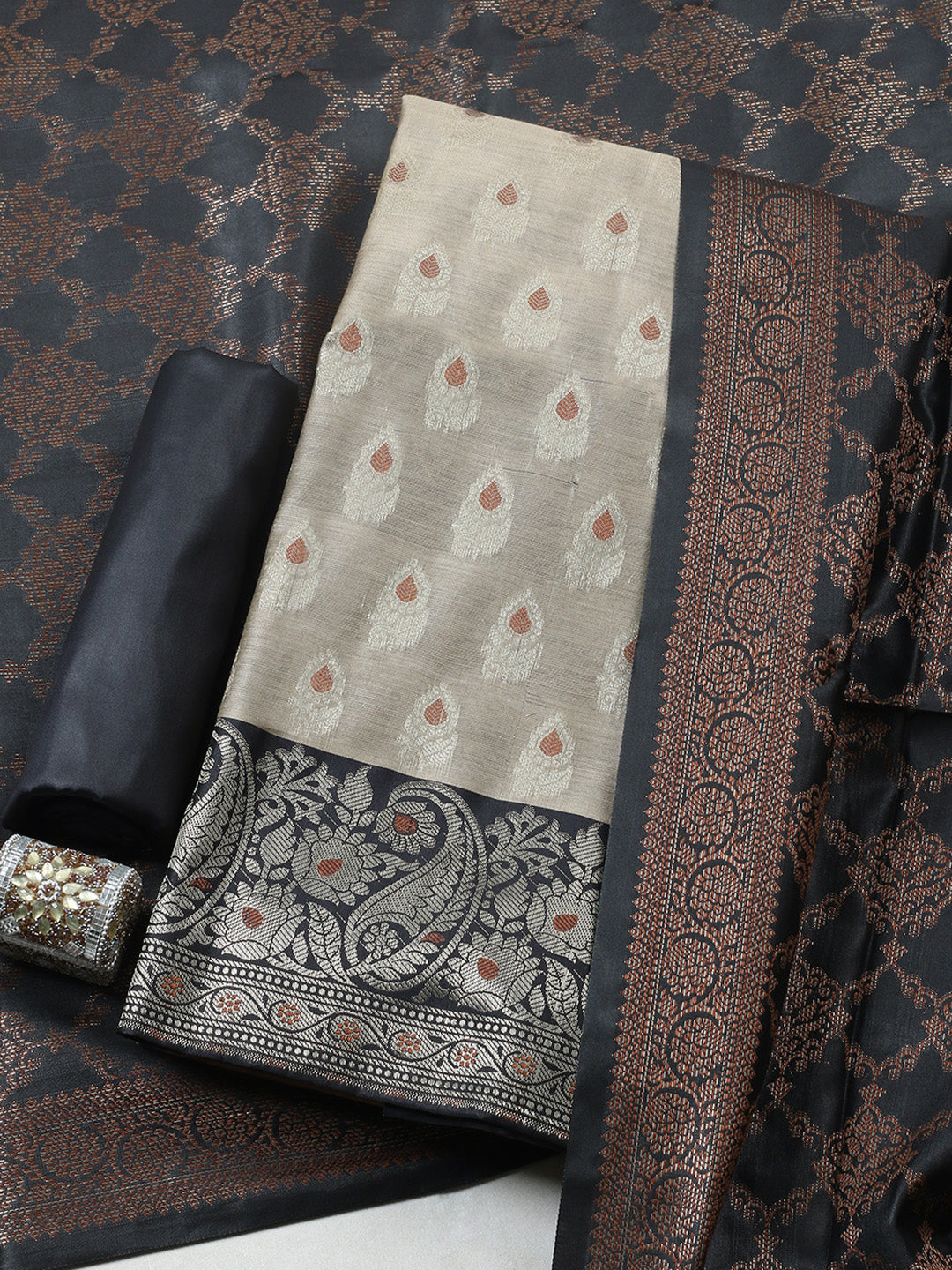 Woven Design Chanderi Unstitched Suit With Pant &amp; Dupatta