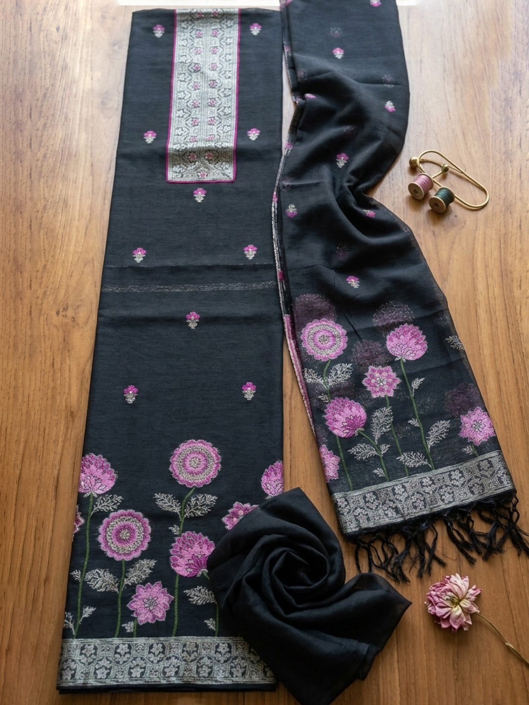 Embroidered Chanderi Unstitched Suit With Pant &amp; Dupatta