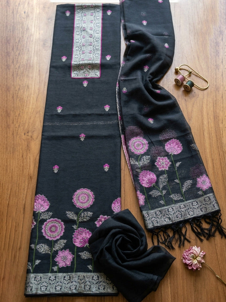 Embroidered Chanderi Unstitched Suit With Pant &amp; Dupatta