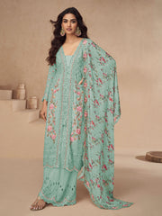 Embroidered Chinon Silk Kurta With Plazzo & Dupatta