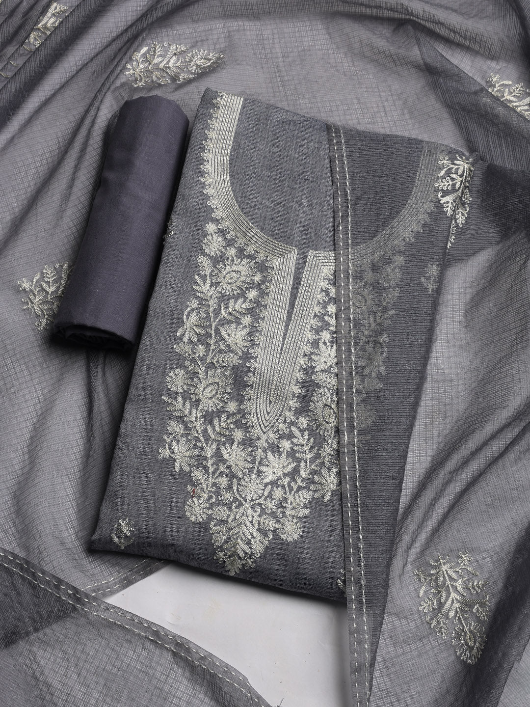 Neck Embroidered Cotton Blend Unstitched Suit Piece With Dupatta