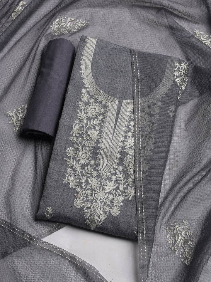 Neck Embroidered Cotton Blend Unstitched Suit Piece With Dupatta