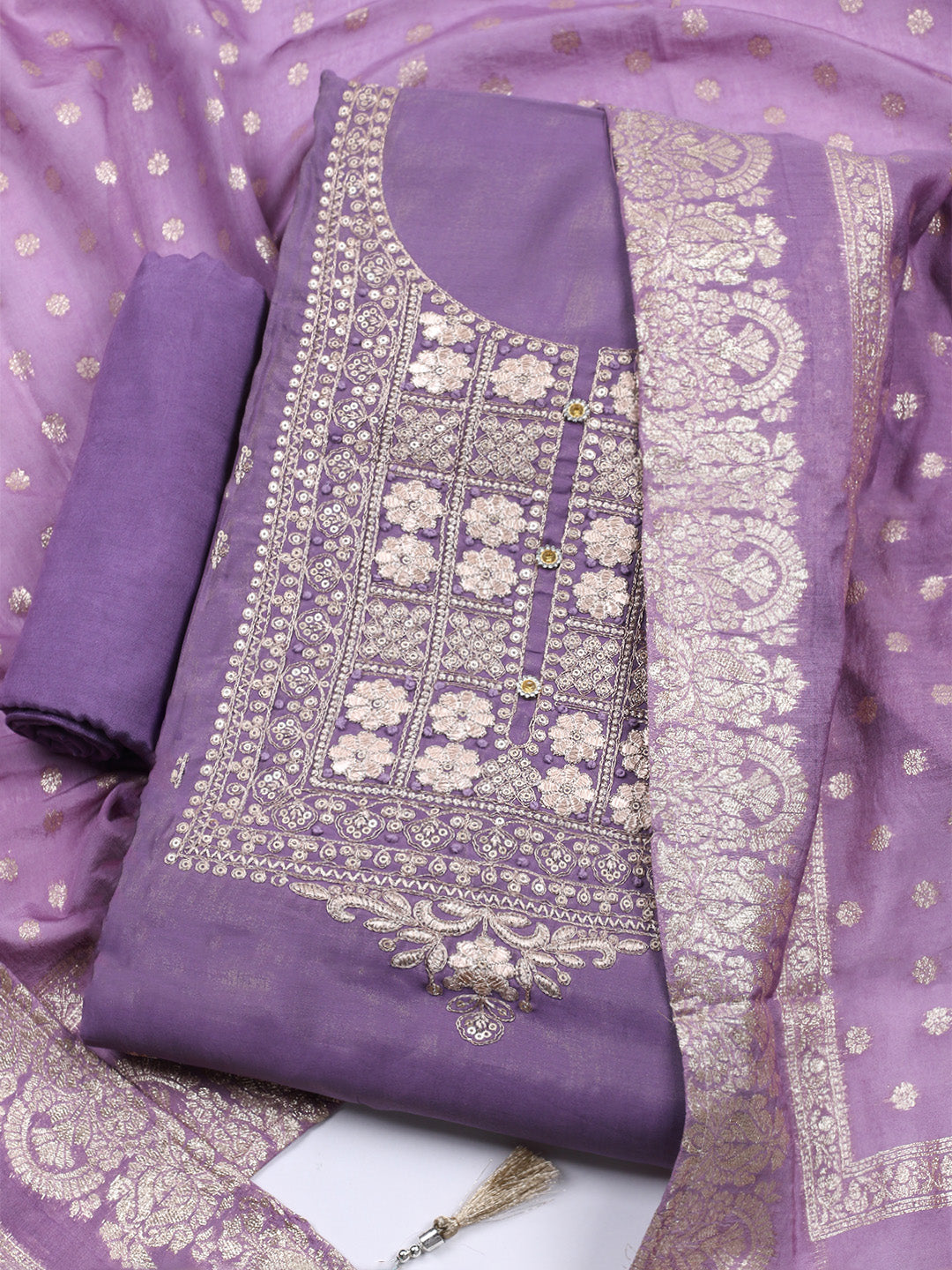 Neck Embroidered Chanderi Unstitched Suit With Dupatta
