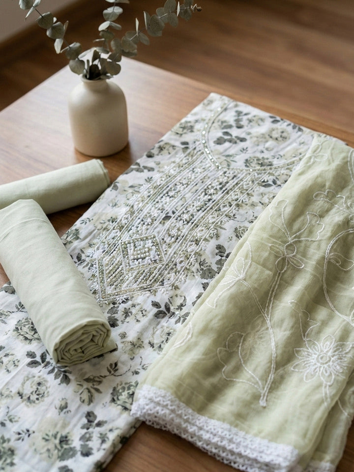 Printed Cotton Blend Unstitched Suit With Pant &amp; Dupatta