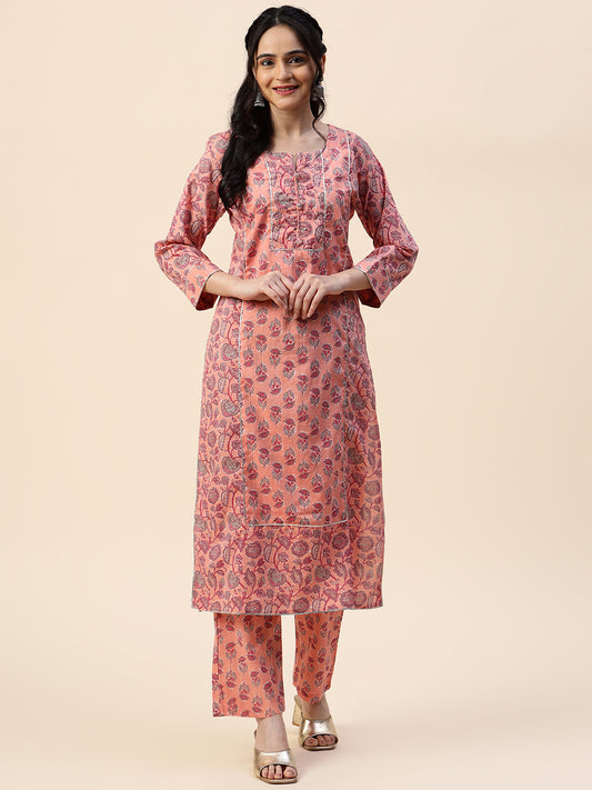 Floral Printed Formal Straight Cotton Kurta With Pants