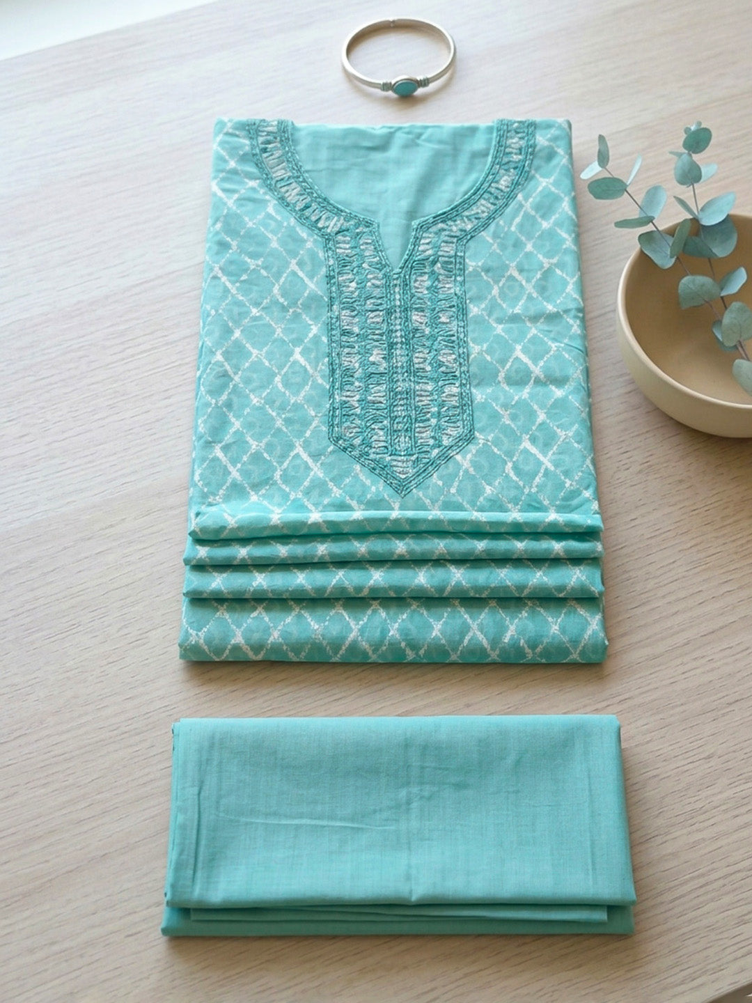 Embroidered Cotton Blend Unstitched Suit With Pant &amp; Dupatta
