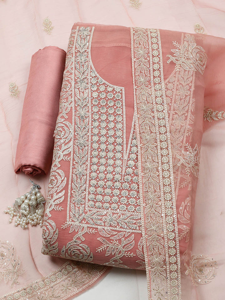 Embroidered Organza Unstitched Suit With Pant &amp; Dupatta