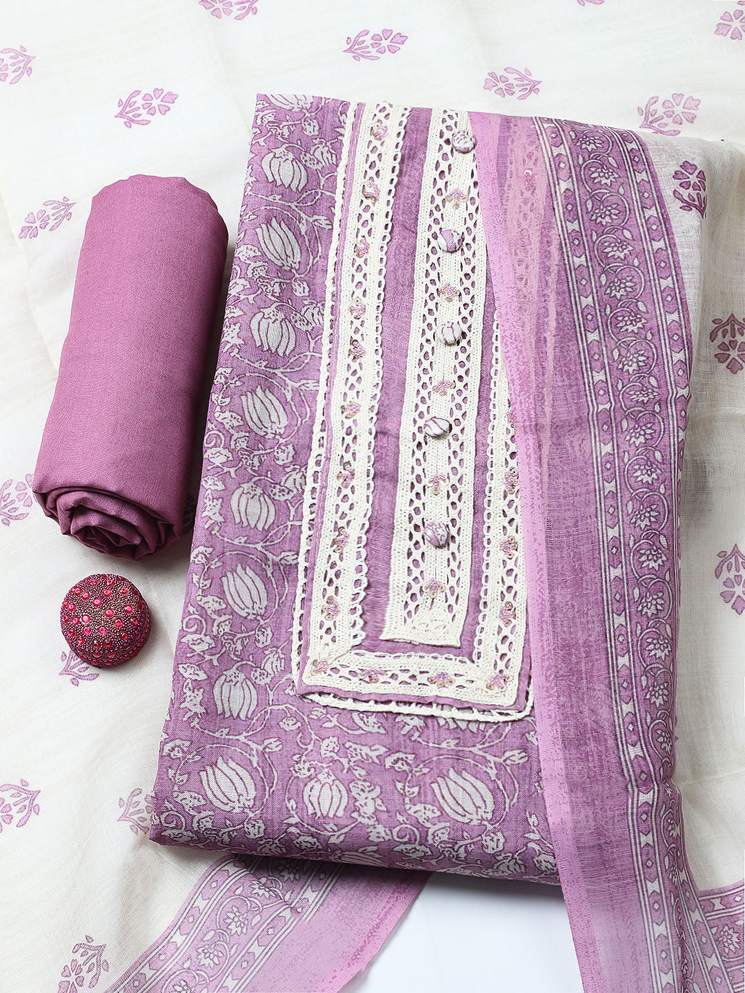 Embroidered Cotton Blend Unstitched Suit With Pant &amp; Dupatta