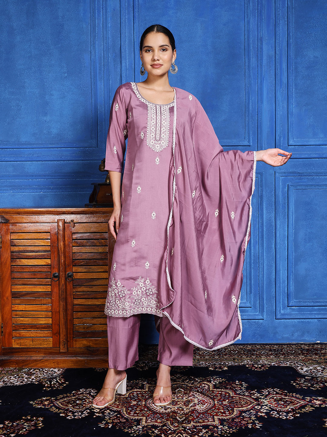 Printed Cotton Blend Kurta With Pants & Dupatta