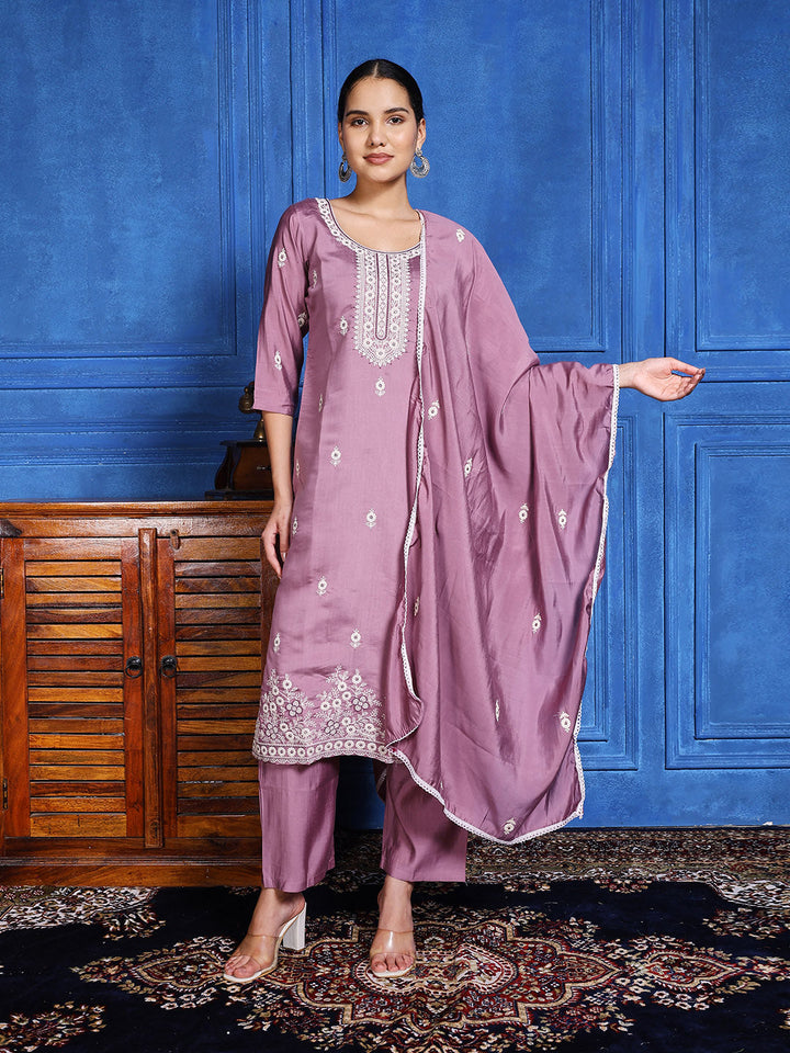 Printed Cotton Blend Kurta With Pants &amp; Dupatta