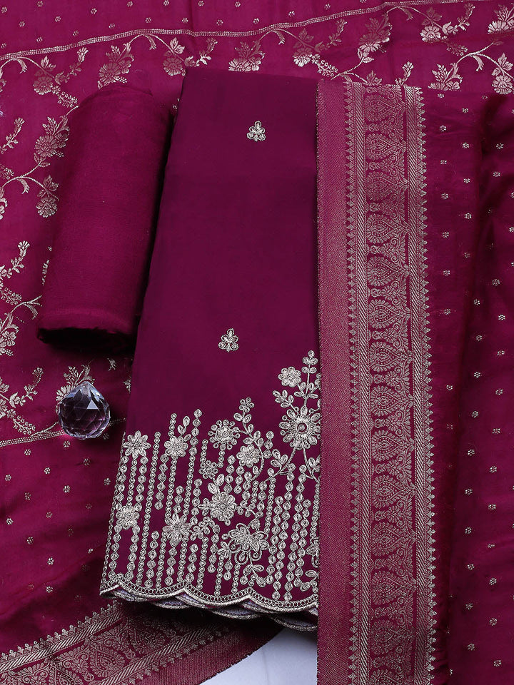 Embroidered Chanderi Unstitched Suit With Pant &amp; Dupatta