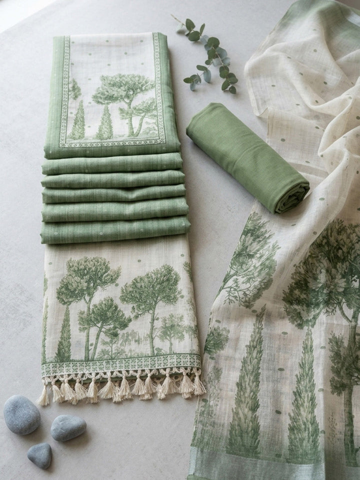 Embroidered Linen Blend Unstitched Suit With Pant &amp; Dupatta