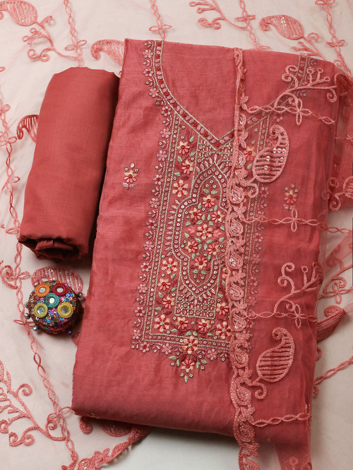 Embroidered Chanderi Unstitched Suit With Pant &amp; Dupatta