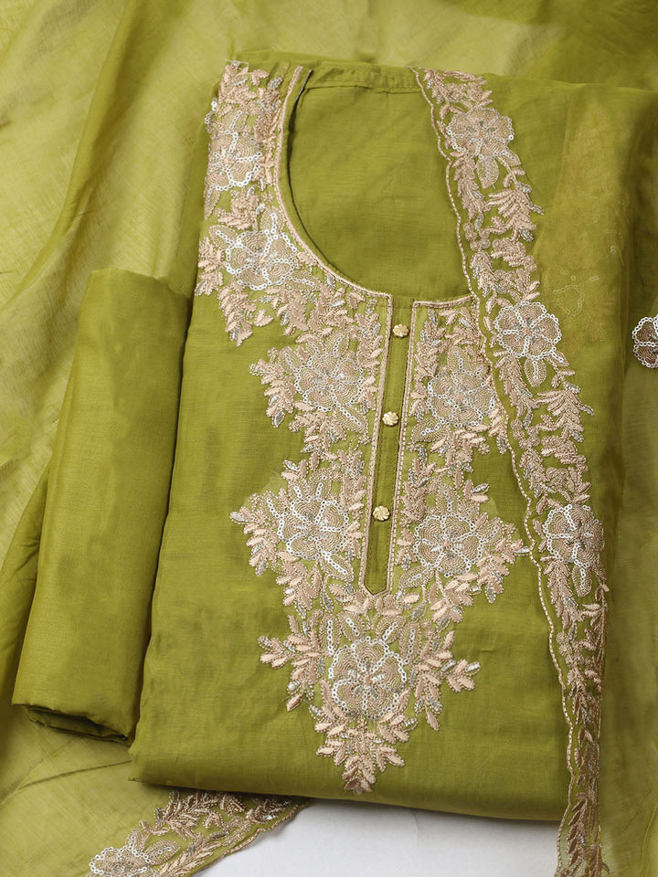 Embroidered Chanderi Unstitched Kurta With Pant &amp; Dupatta