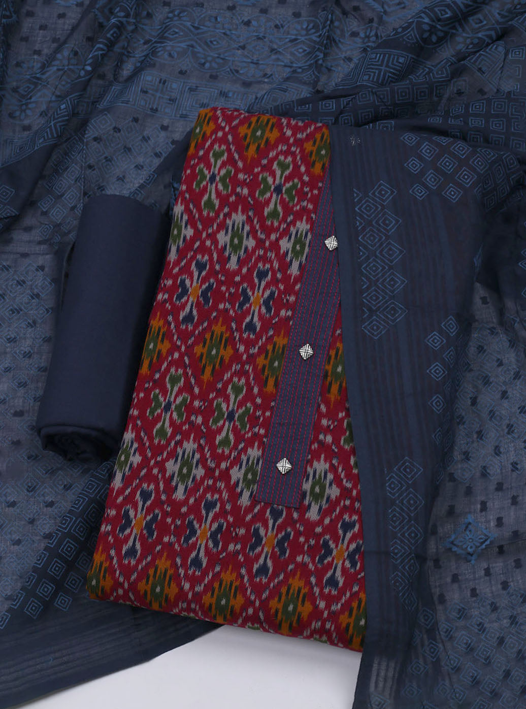 Patch Neck Cotton Blend Unstitched Suit With Dupatta