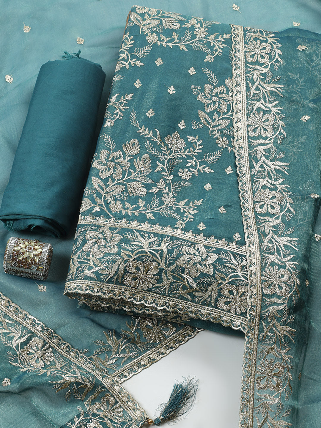 Embroidered Tissue Unstitched Suit With Pant &amp; Dupatta