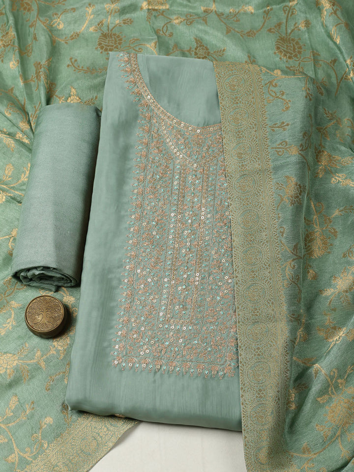 Embroidered Chanderi Unstitched Suit With Pant &amp; Dupatta