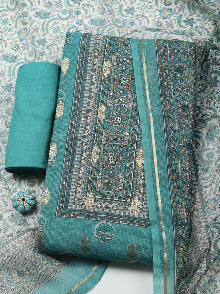 Embroidered Linen Blend Unstitched Suit With Pant &amp; Dupatta