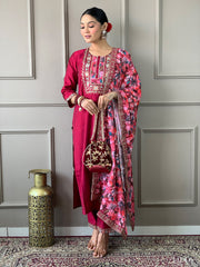 Neck Embroidery Cotton Blend Kurta With Pants & Dupatta