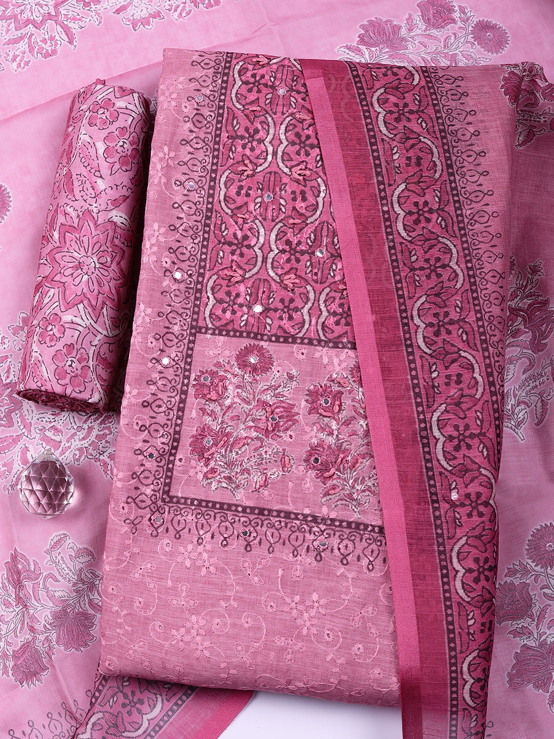 Embroidered Cotton Blend Unstitched Suit With Pant &amp; Dupatta
