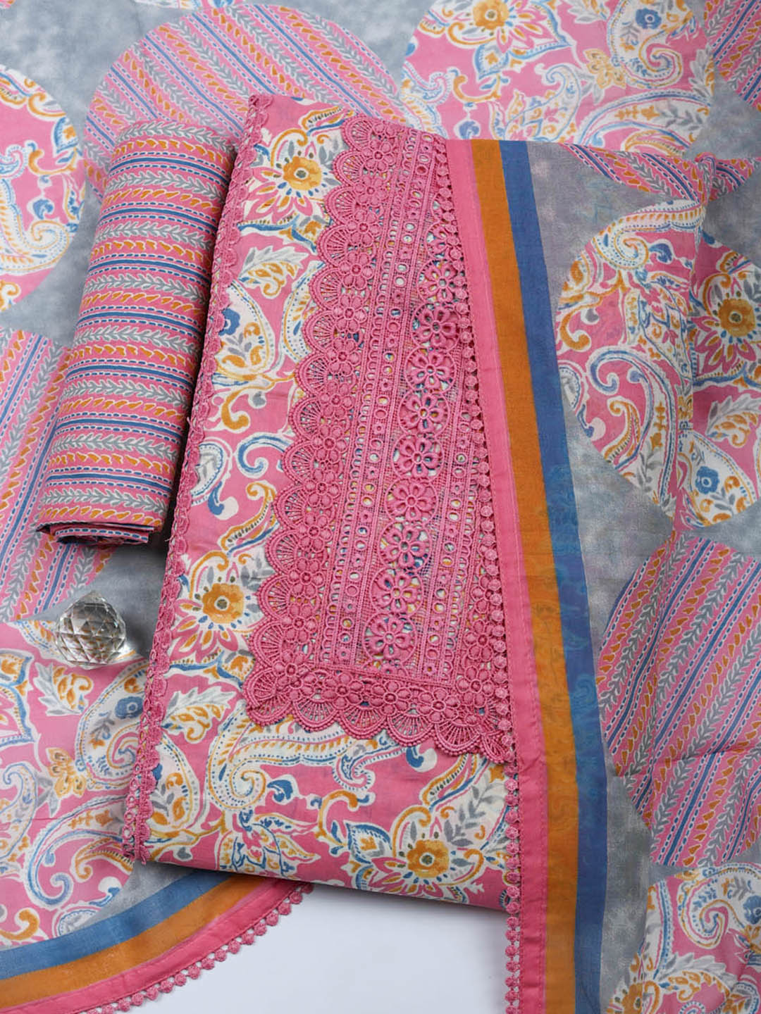 Embroidered Cotton Blend Unstitched Suit With Pant &amp; Dupatta
