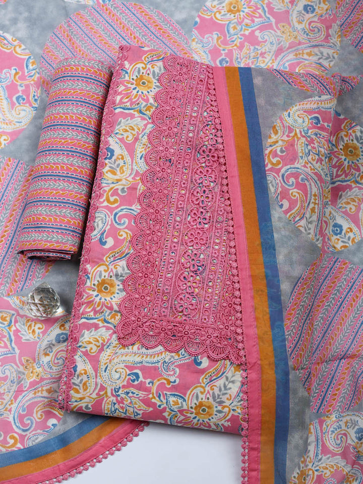 Embroidered Cotton Blend Unstitched Suit With Pant &amp; Dupatta