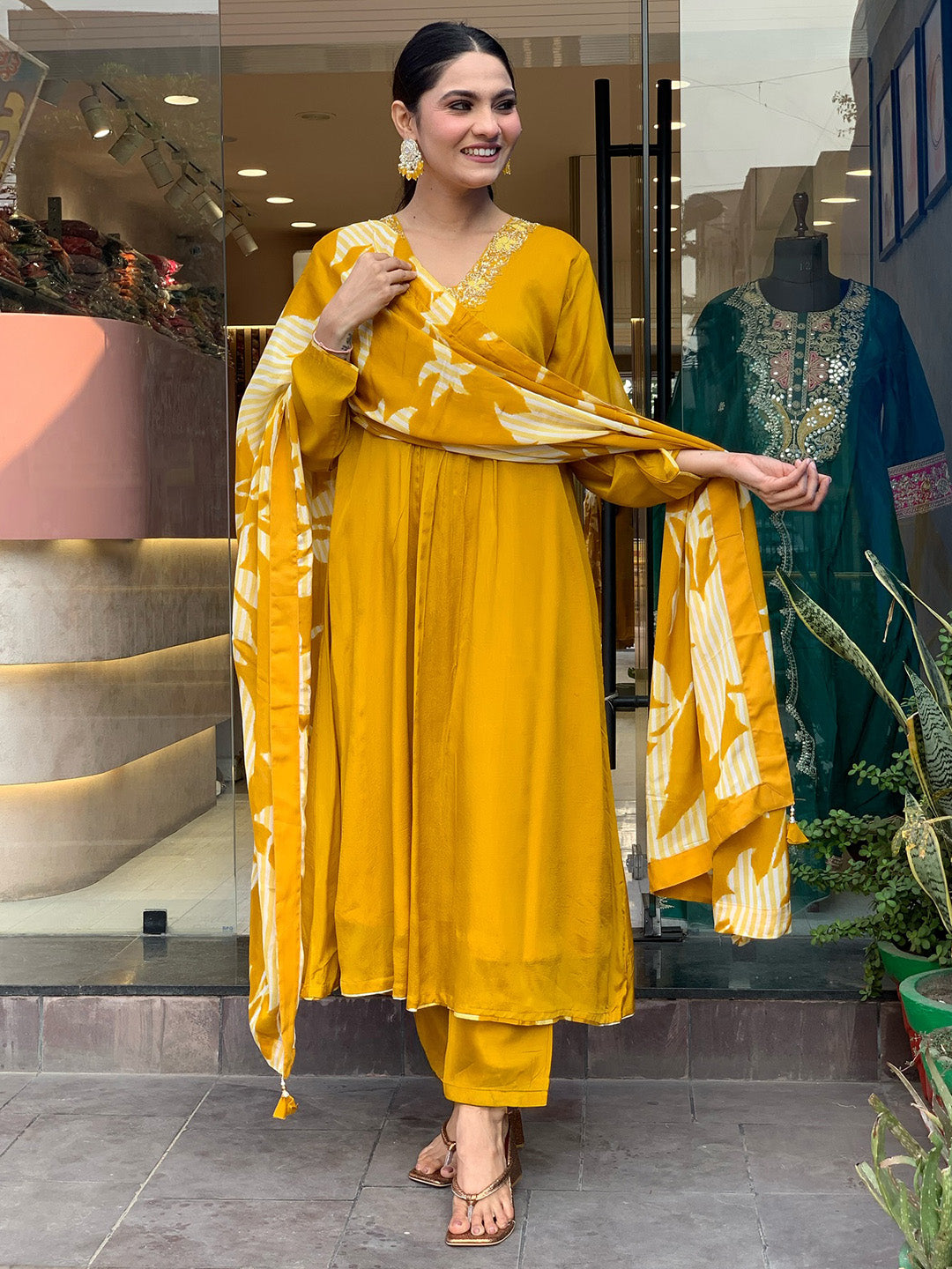 Printed Art Silk Kurta With Pants &amp; Dupatta