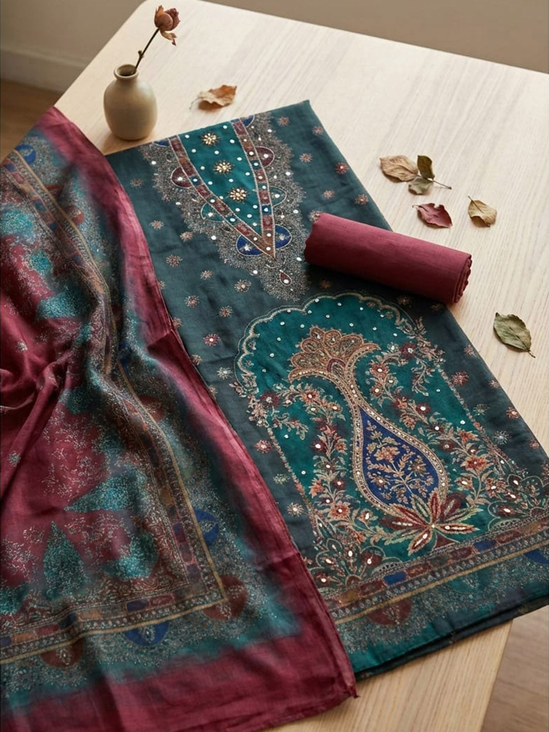 Printed Chanderi Unstitched Suit With Pant &amp; Dupatta