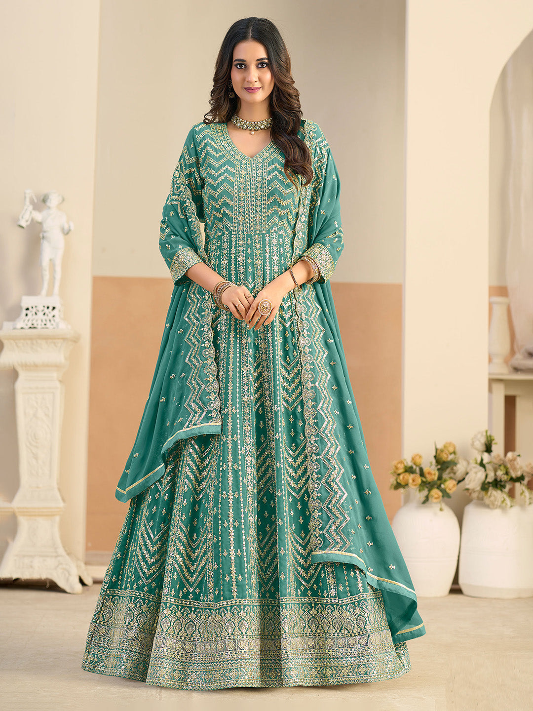 Embroidered Geogrette Semi Stitched Gown With Pant &amp; Dupatta