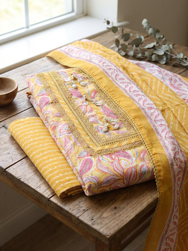 Embroidered Cotton Blend Unstitched Suit With Pant &amp; Dupatta