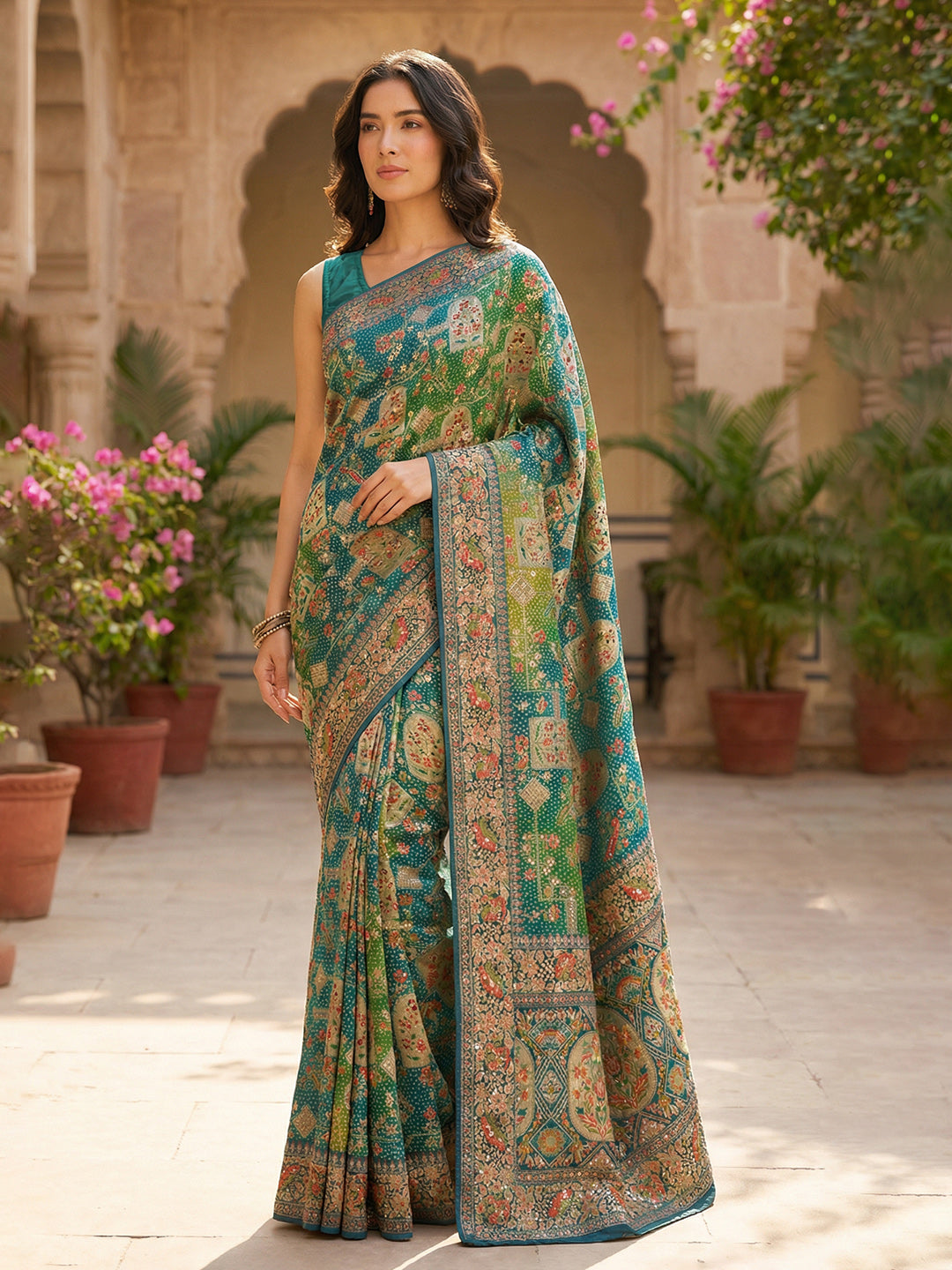 Printed &amp; Plain Georgette Saree