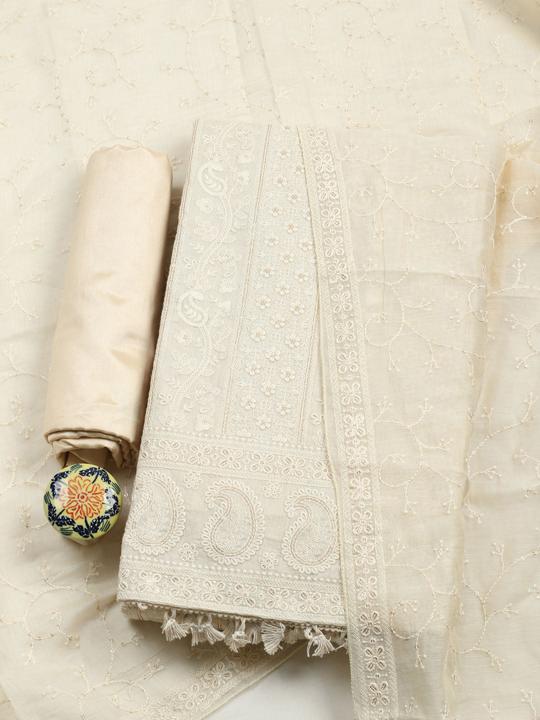 Embroidered Chanderi Unstitched Suit With Pant &amp; Dupatta
