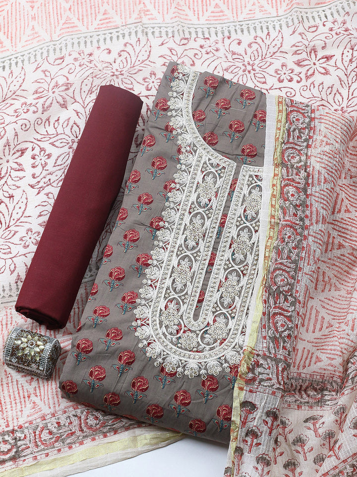 Printed Cotton Blend Unstitched Suit With Pant &amp; Dupatta