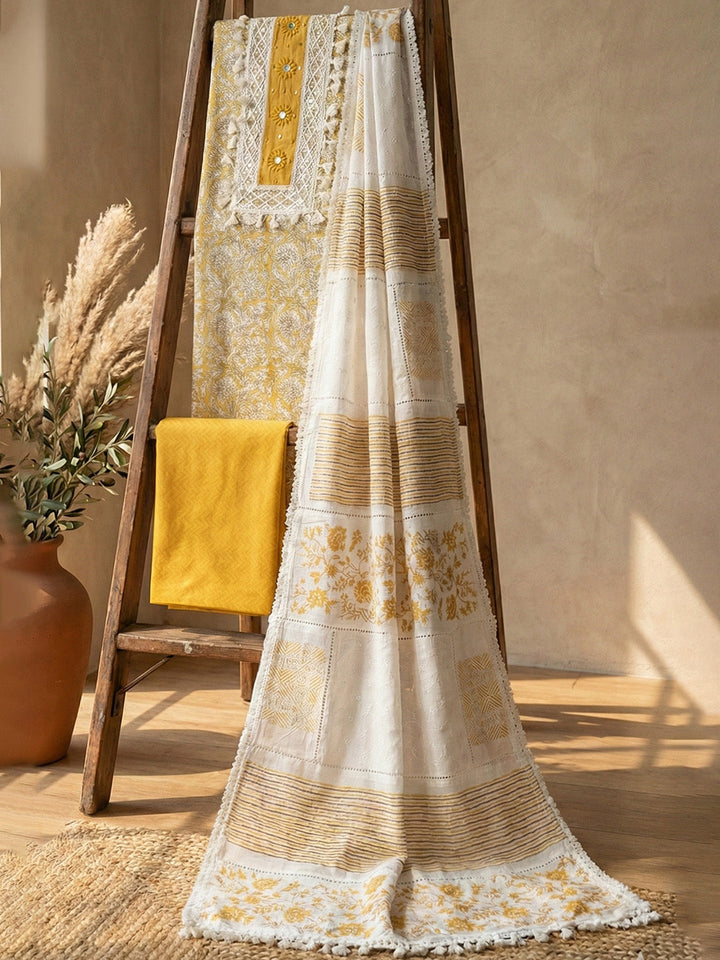 Embroidered Cotton Blend Unstitched Suit With Pant &amp; Dupatta