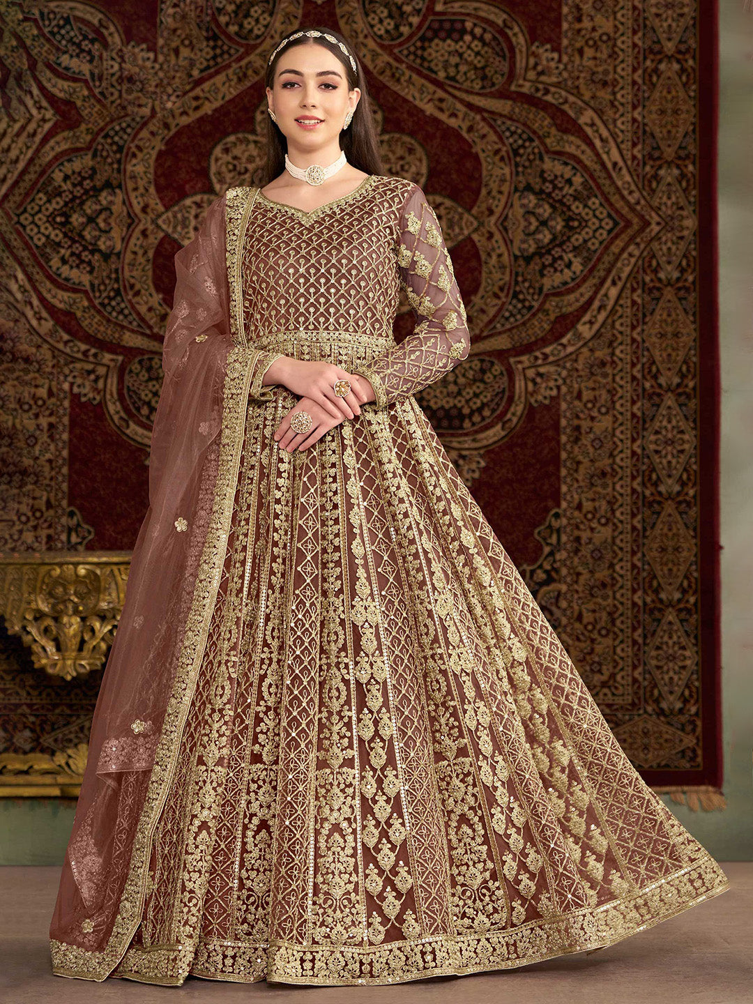 Embroidered Net Semi Stitched Gown With Dupatta