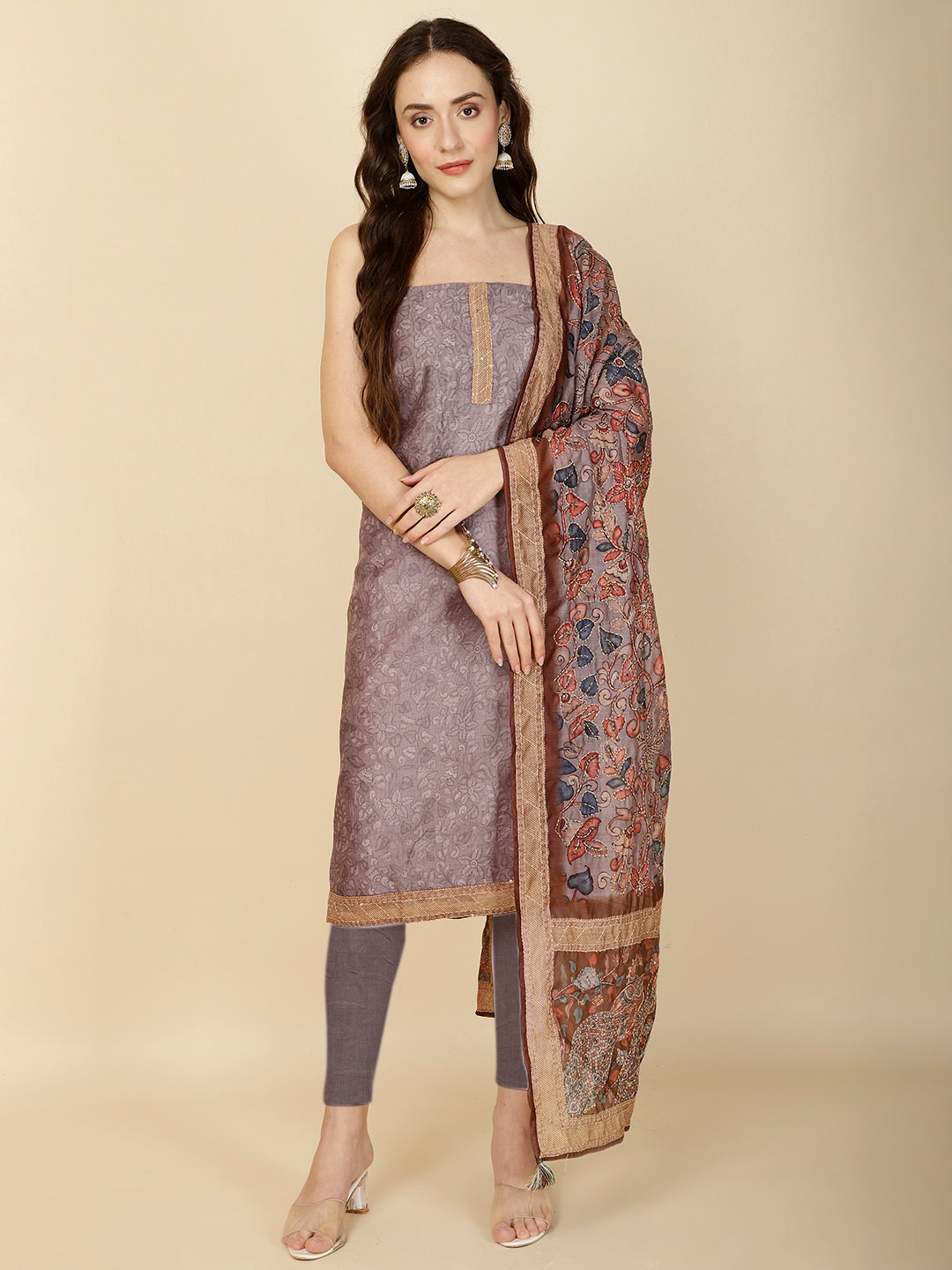 Kantha Embroidery & Printed Chanderi Unstitched Suit Piece With Dupatta