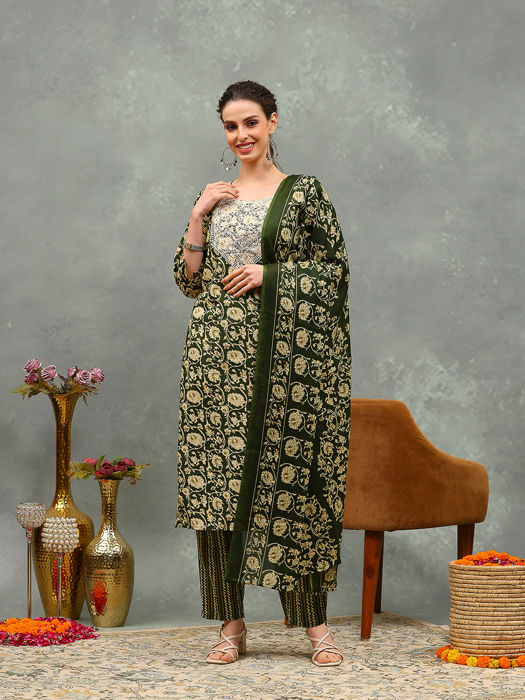 Printed Cotton Blend Kurta With Pants & Dupatta