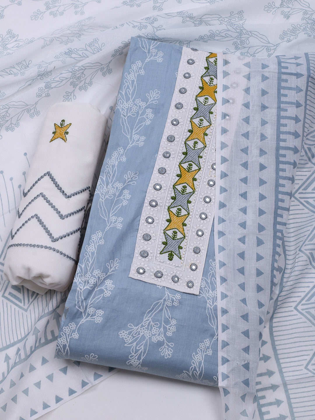 Printed Cotton Blend Unstitched Suit With Dupatta