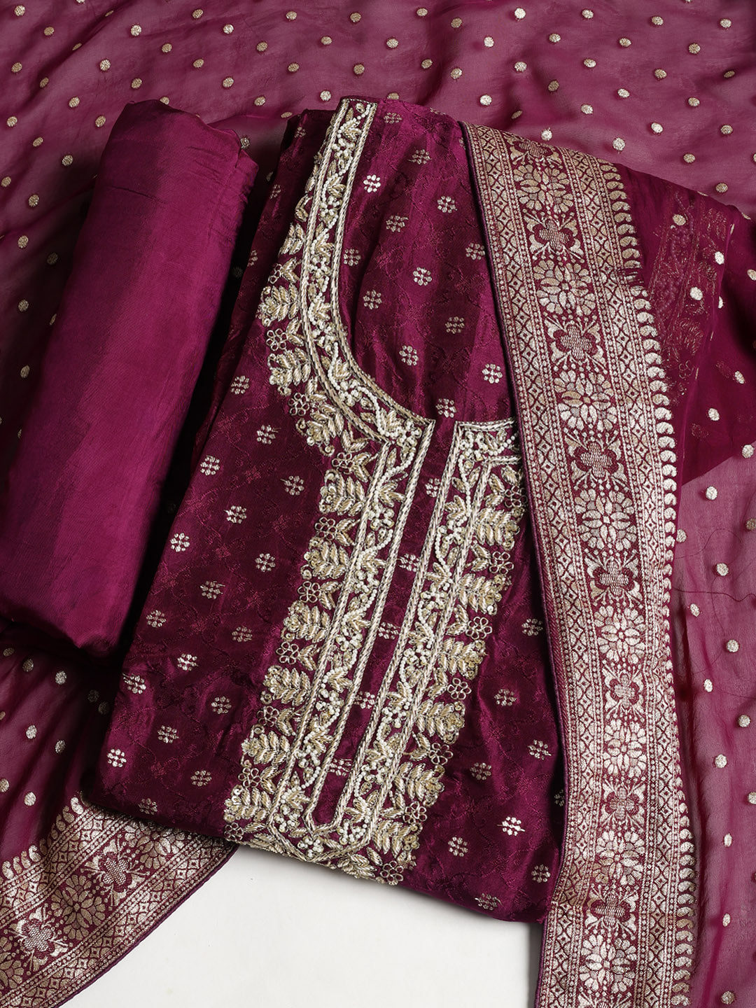 Neck Embroidered Chanderi Unstitched Suit With Dupatta