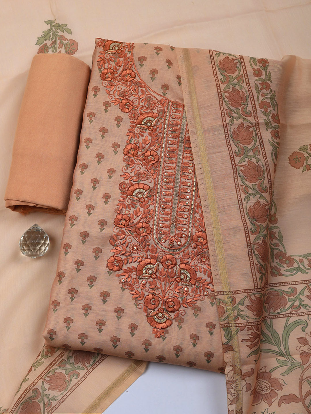 Embroidered Cotton Blend Unstitched Suit With Pant &amp; Dupatta