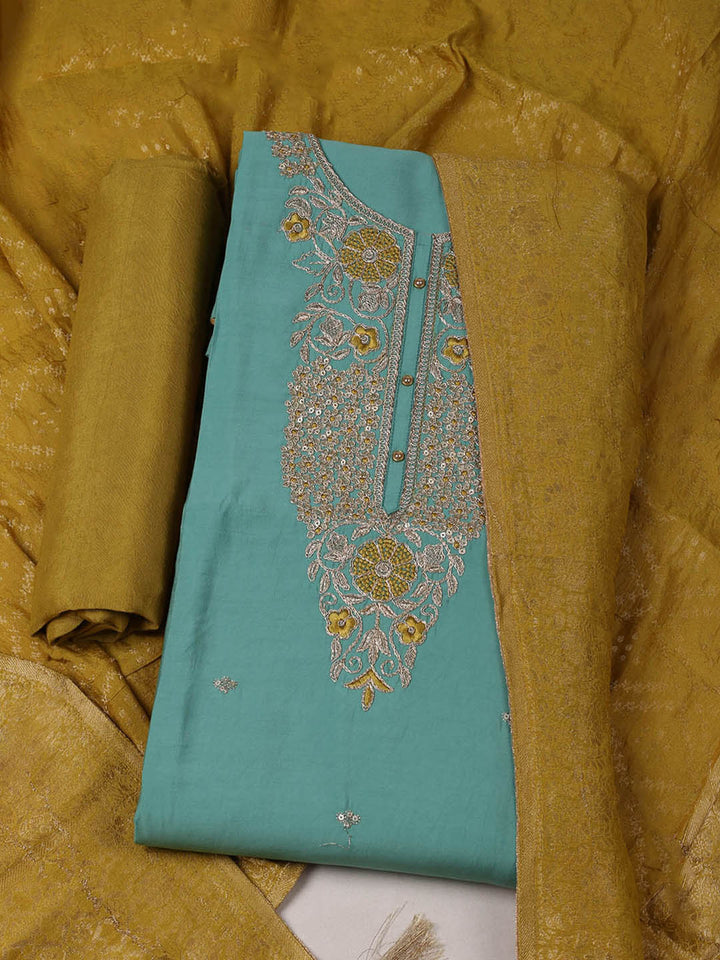 Embroidered Chanderi Unstitched Suit With Pant &amp; Dupatta