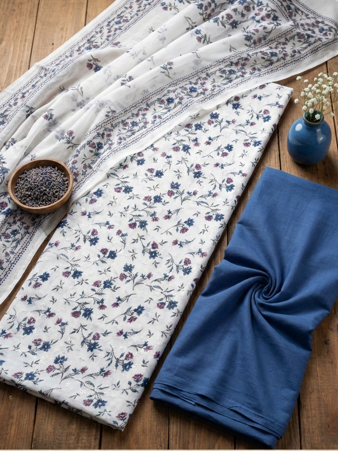 Embroidered Cotton Blend Unstitched Suit With Pant &amp; Dupatta