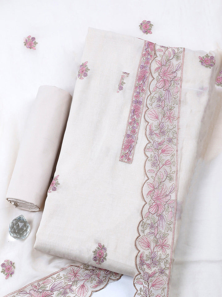 Embroidered Chanderi Unstitched Suit With Pant &amp; Dupatta
